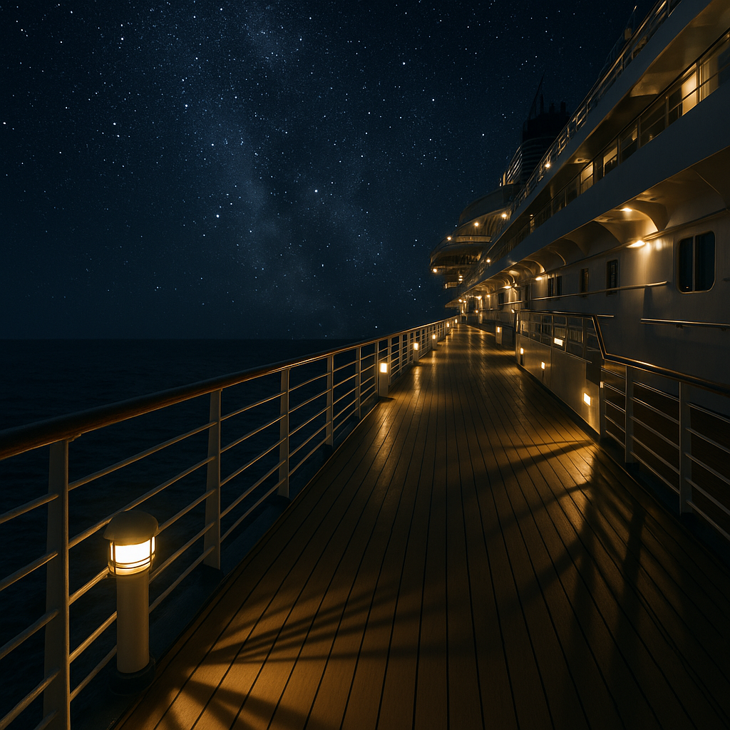 The cruise ships outside deck is bathed in a soft inviting glow from strategically placed modern deck lights illuminating the gleaming metal surfaces Under the vast expanse of the starry night sky the gentle lapping of waves against the hull creates-1