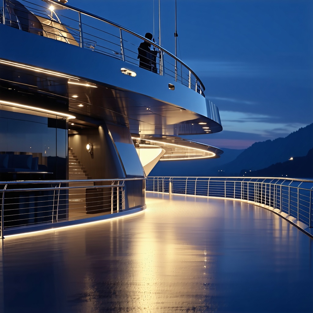 The ships outside deck light casts a warm inviting glow across the expansive open deck illuminating the polished steel surfaces and creating a soft ambiance for evening gatherings Its robust design is engineered to withstand harsh maritime conditions